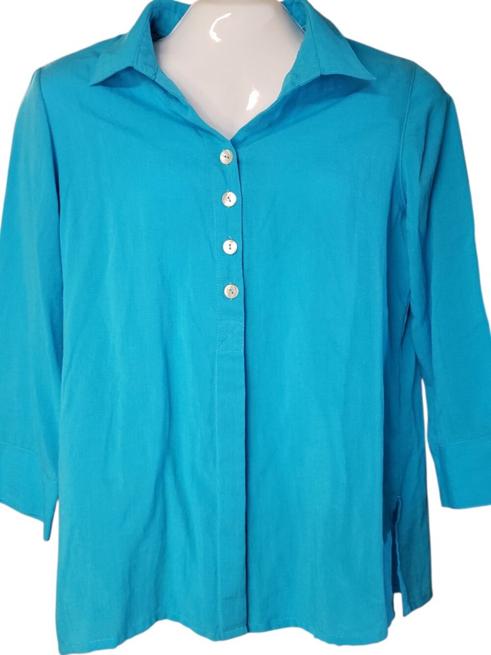 Fridaze Linen Redefined Women's Blouse Hidden Front Buttons Color Blue Size L